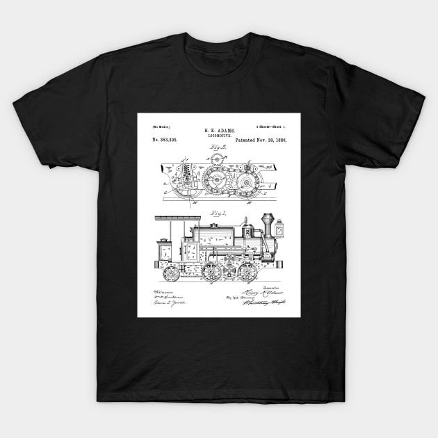 Steam Train Patent - Steam Locomotive Art - Black And White T-Shirt by patentpress